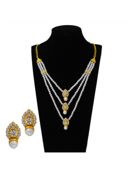 Best 18K Gold Plated 3 Layer Pearl Necklace with Drop Design Pendant And Earring, B1003